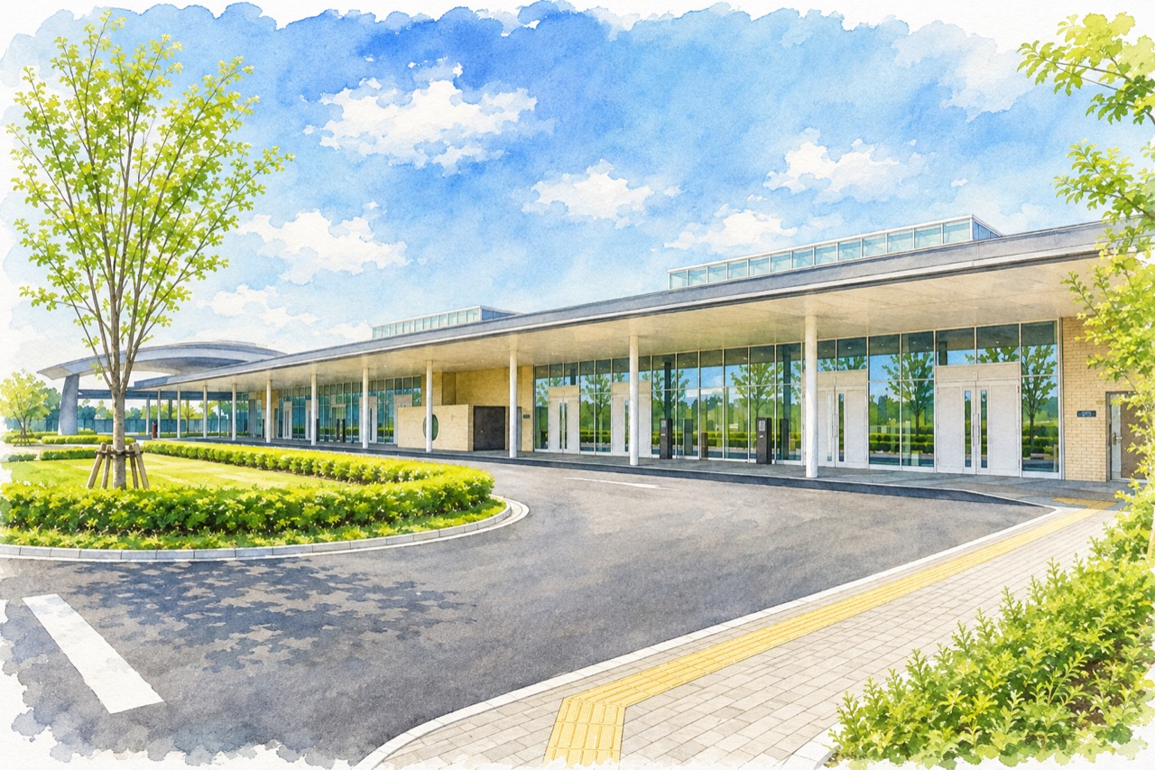 越谷市斎場の水彩画風イメージ
