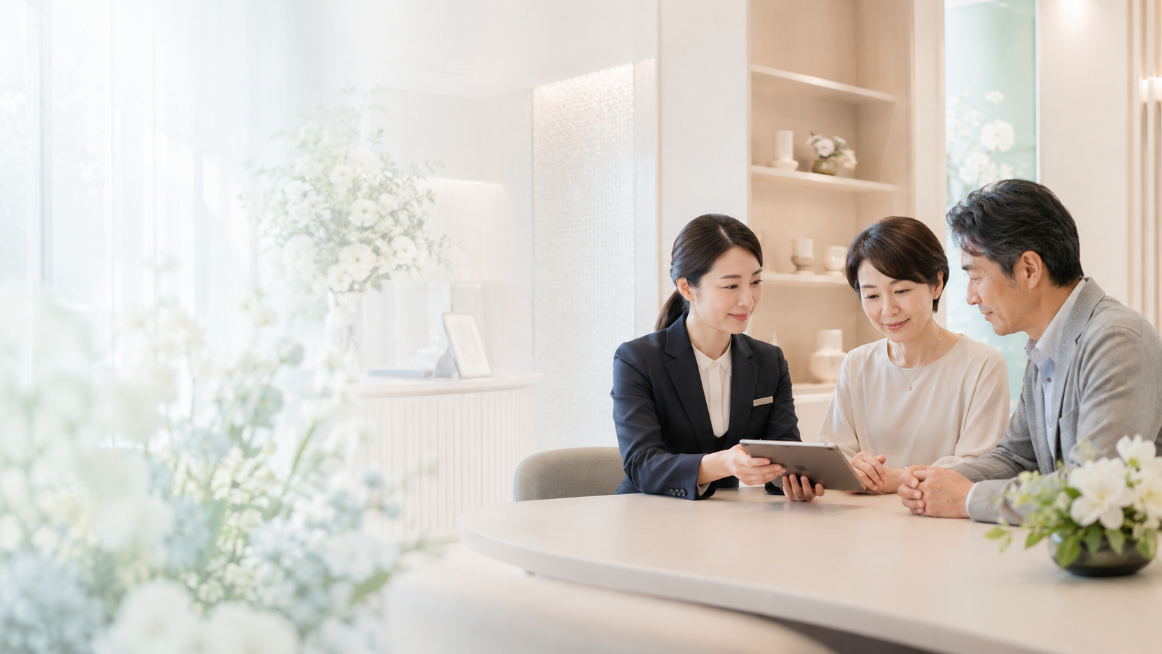 A staff member explaining an announcement to a family