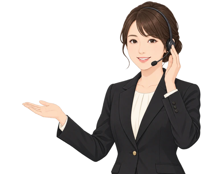 電話相談に対応する黒いスーツ姿の女性オペレーターのイラスト