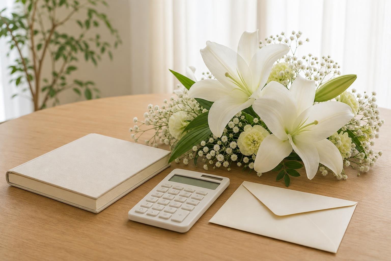 A desk adorned with white flowers, a pale-colored notebook, and a calculator—a scene that evokes the image of checking funeral expenses.