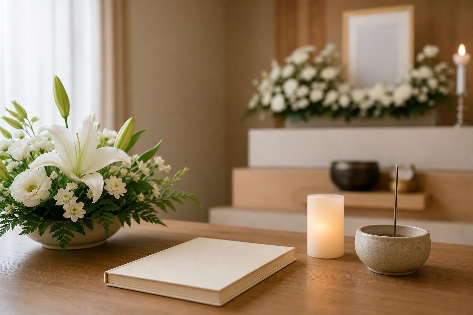 Những bông hoa trắng và một chiếc đèn nhỏ được đặt trong một căn phòng yên tĩnh.