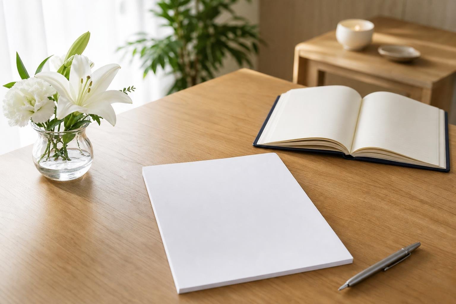 A preparation memo with funeral wishes written in both the native language and Japanese, a pen, and white flowers.