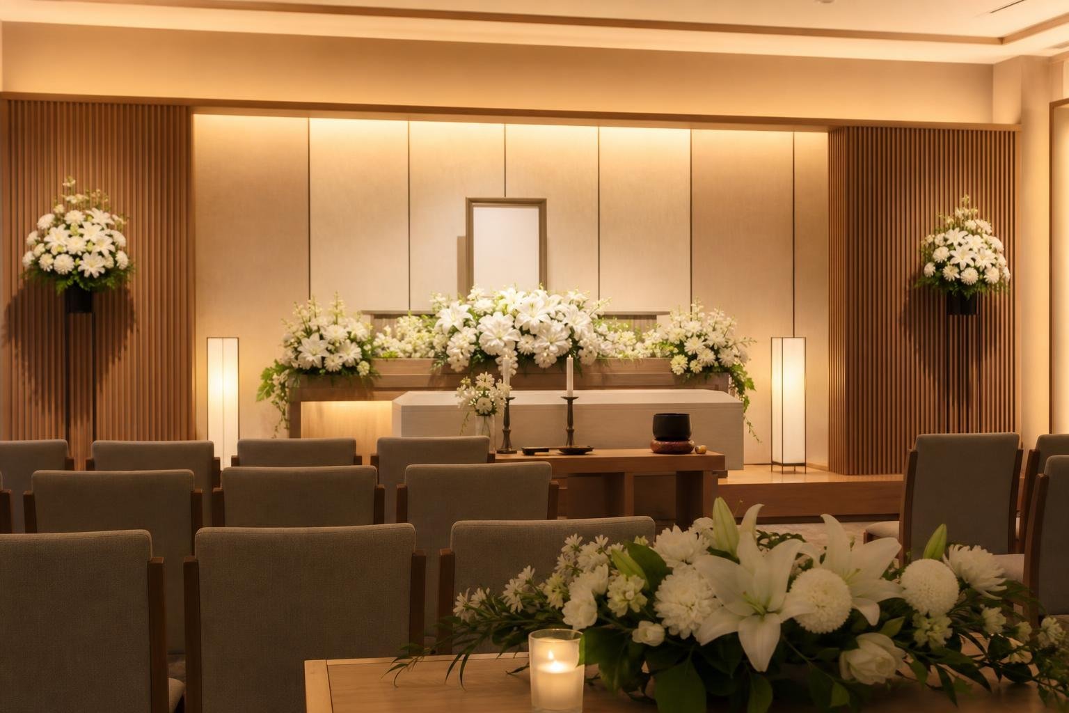 Hình ảnh một nhà tang lễ dành cho việc cầu nguyện trang nghiêm, được trang trí bằng hoa trắng và ánh sáng dịu nhẹ.