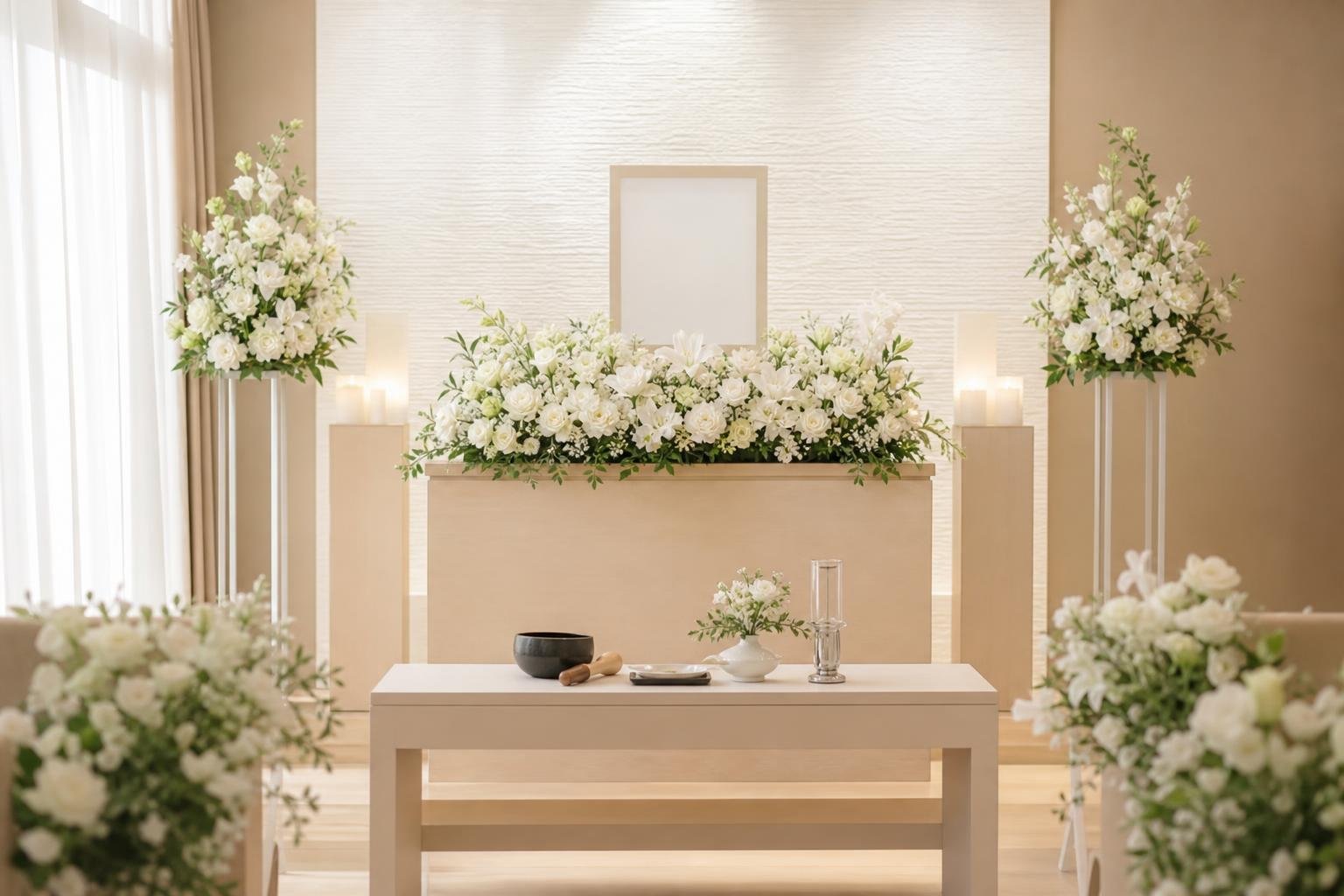Khung cảnh bàn thờ trong nhà, được bao phủ bởi hoa trắng và ánh sáng dịu nhẹ, gợi lên hình ảnh một lời tạm biệt thanh thản.
