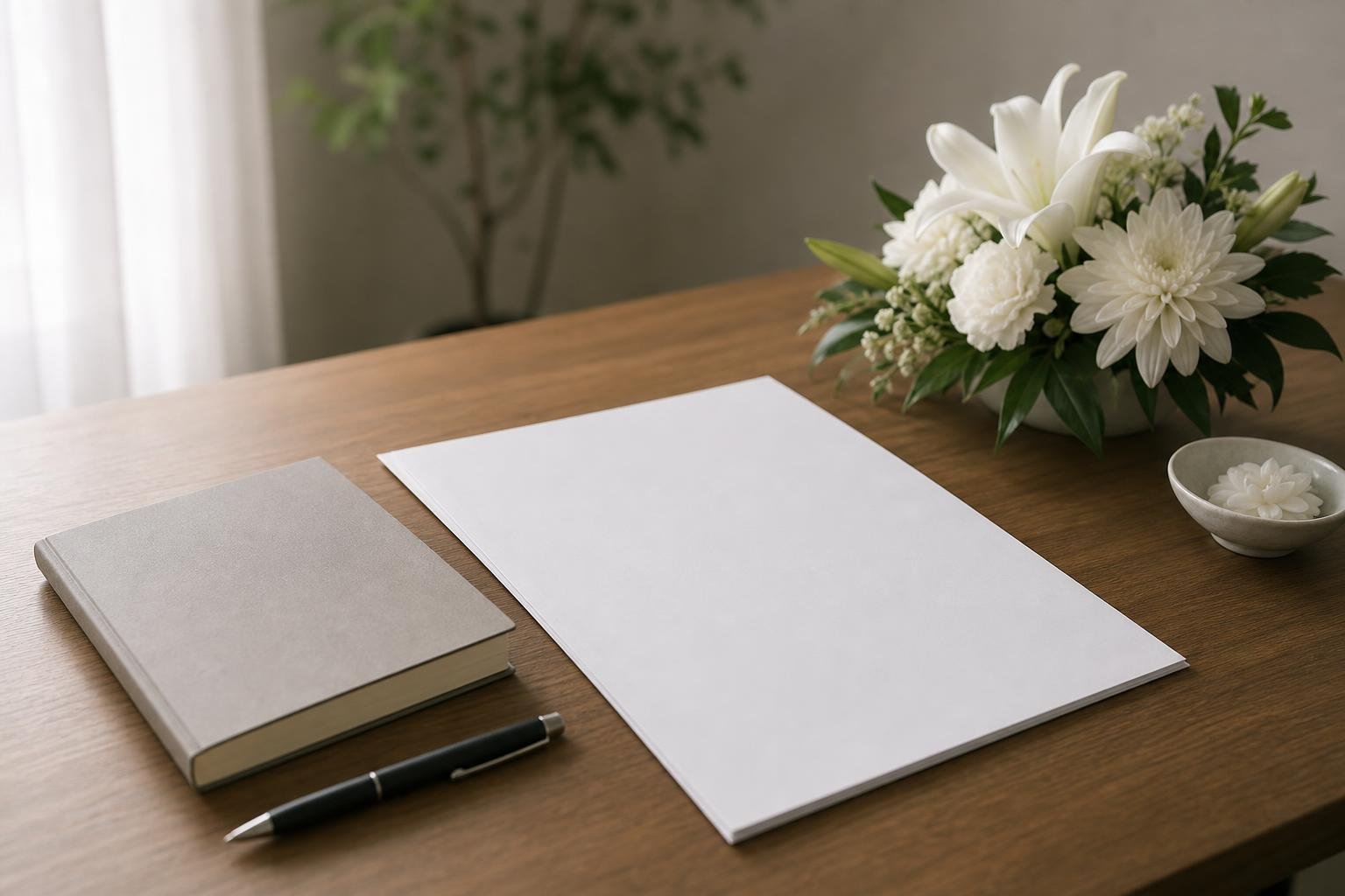Một câu trích dẫn, một cuốn sổ tay, một cây bút và những bông hoa trắng được đặt trên bàn trong một căn phòng yên tĩnh.
