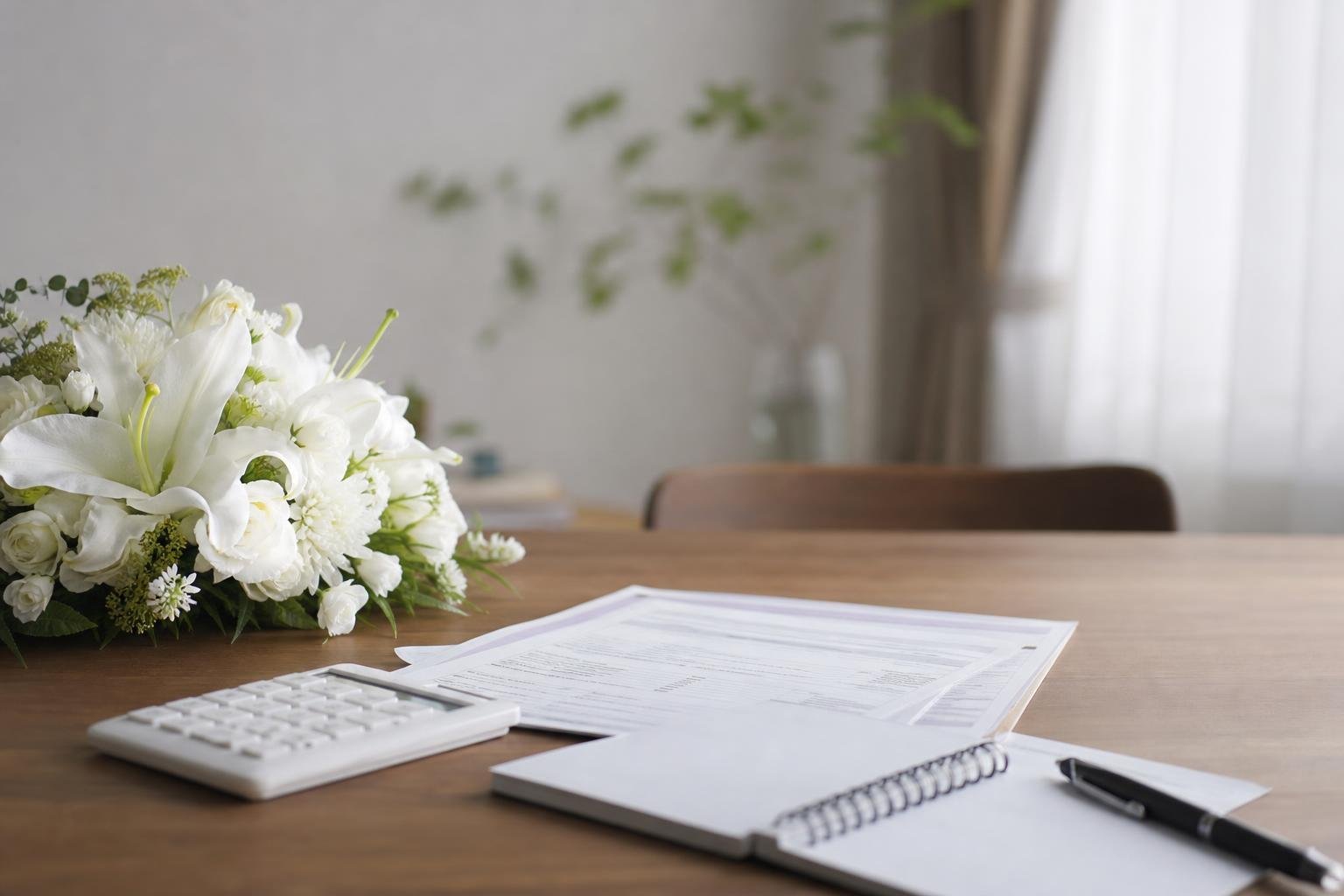 A scene of someone checking a funeral estimate, calculator, and notepad laid out on a desk.