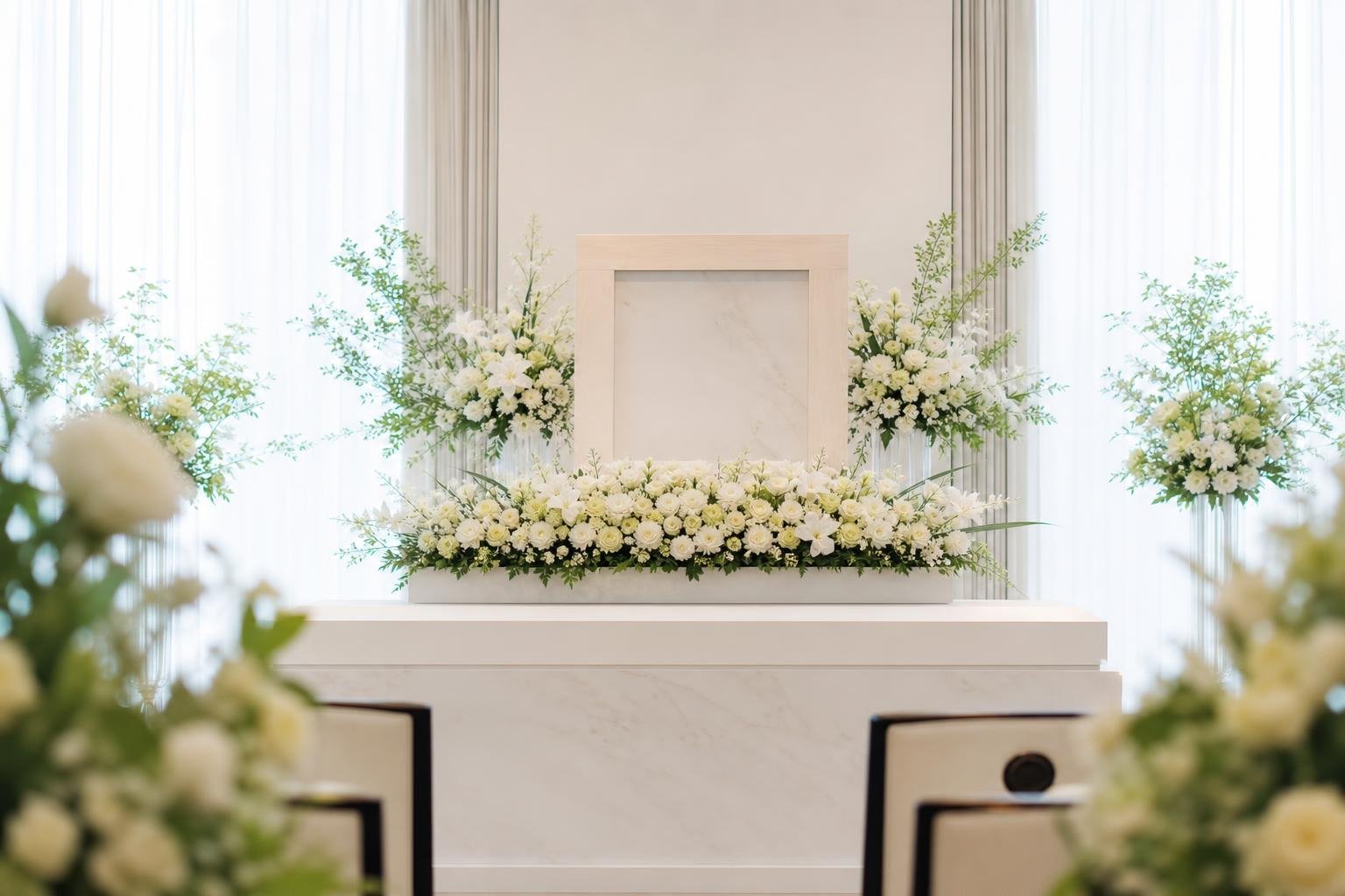 An image of an altar for quietly remembering the deceased, featuring white flowers and soft light.