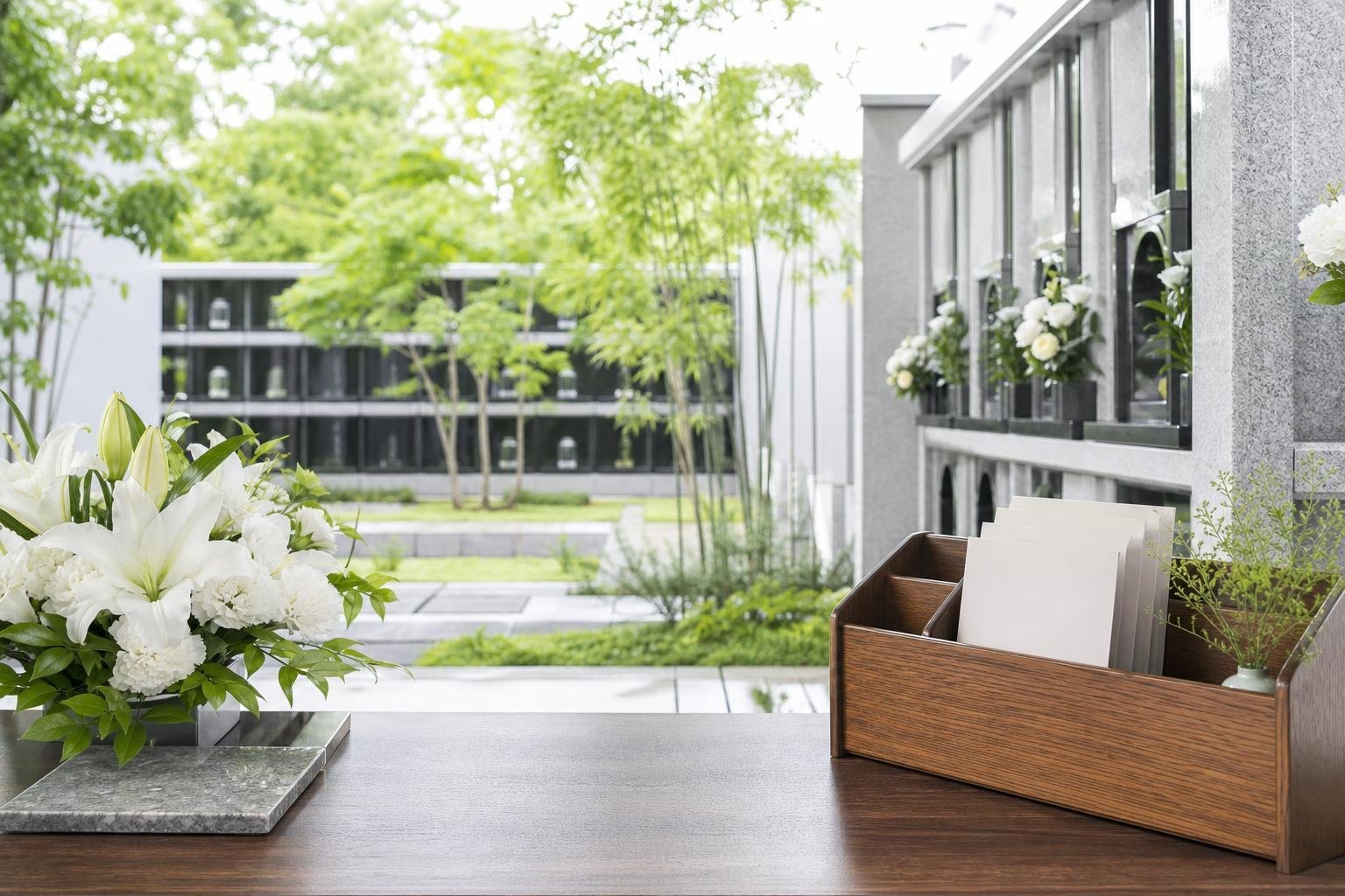 Những bó hoa trắng và tài liệu hướng dẫn lễ tưởng niệm được đặt trước hầm mộ tĩnh lặng.