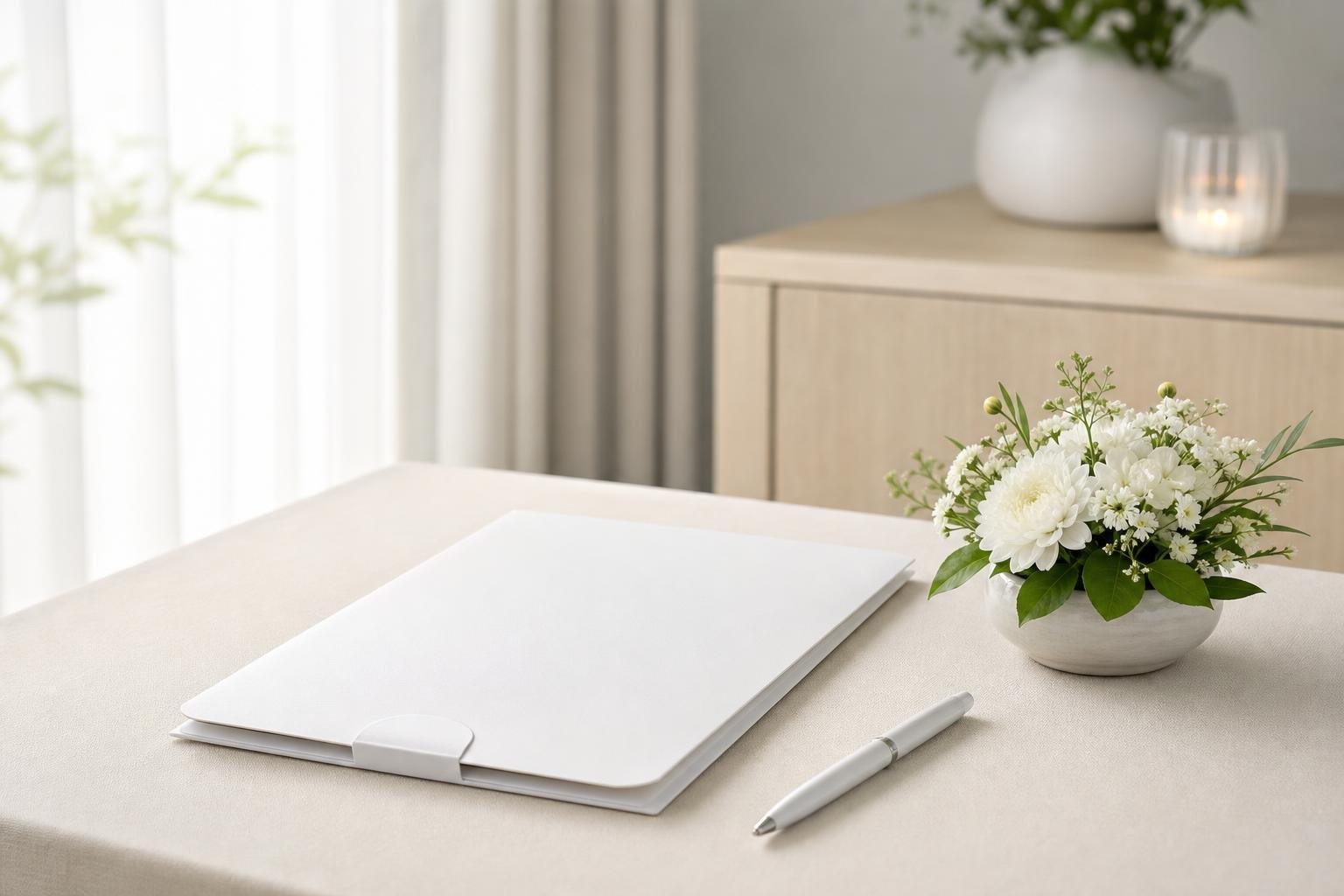 Hình ảnh về nghi thức tang lễ: một hộp đựng tài liệu màu trắng và một cây bút, cùng với những bông hoa có màu sắc trầm.