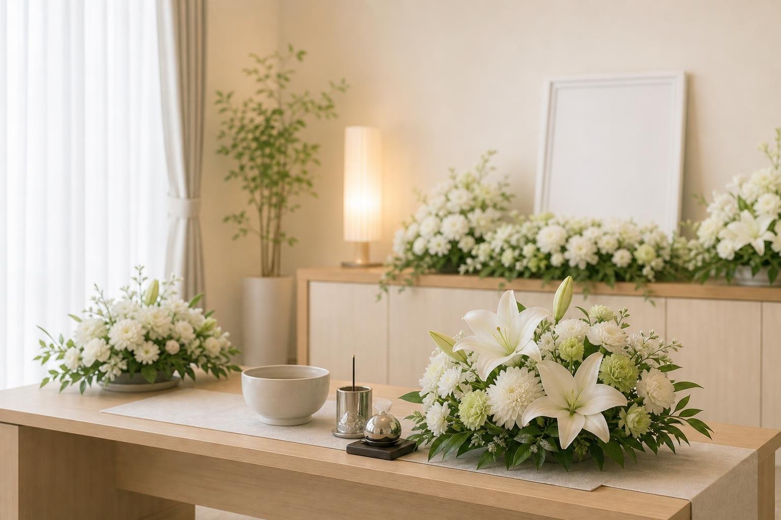 A quiet room table adorned with white flowers