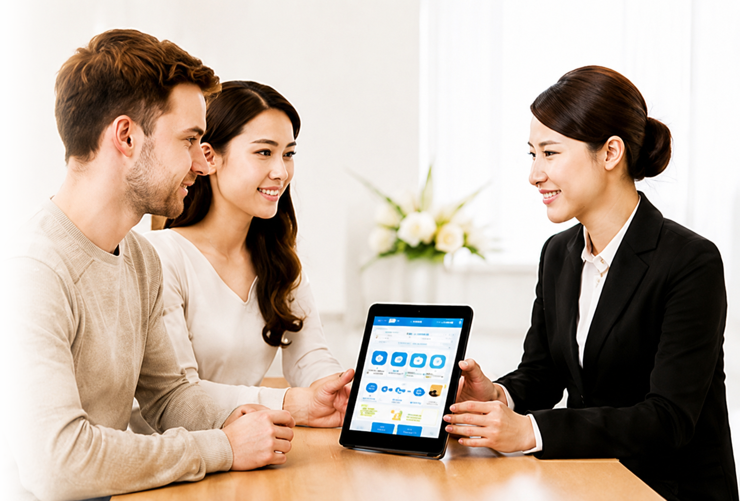 Nhân viên dùng máy tính bảng để tư vấn về tang lễ